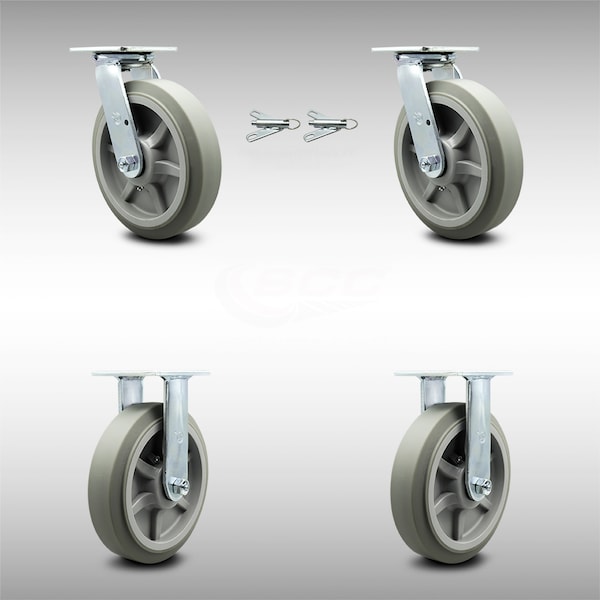 8 Inch SS Thermoplastic Caster Set with Roller Bearing 2 Swivel Lock 2 Rigid SCC